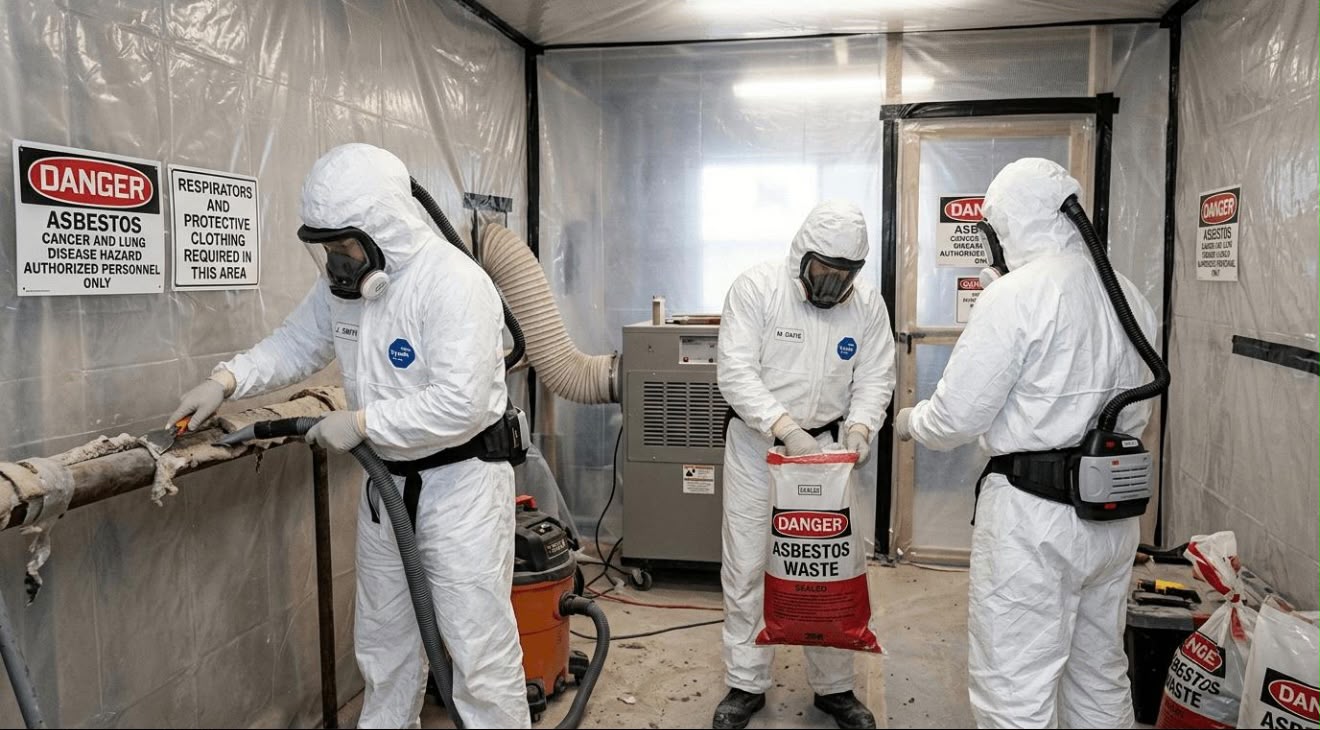 Technicians removing asbestos under full containment